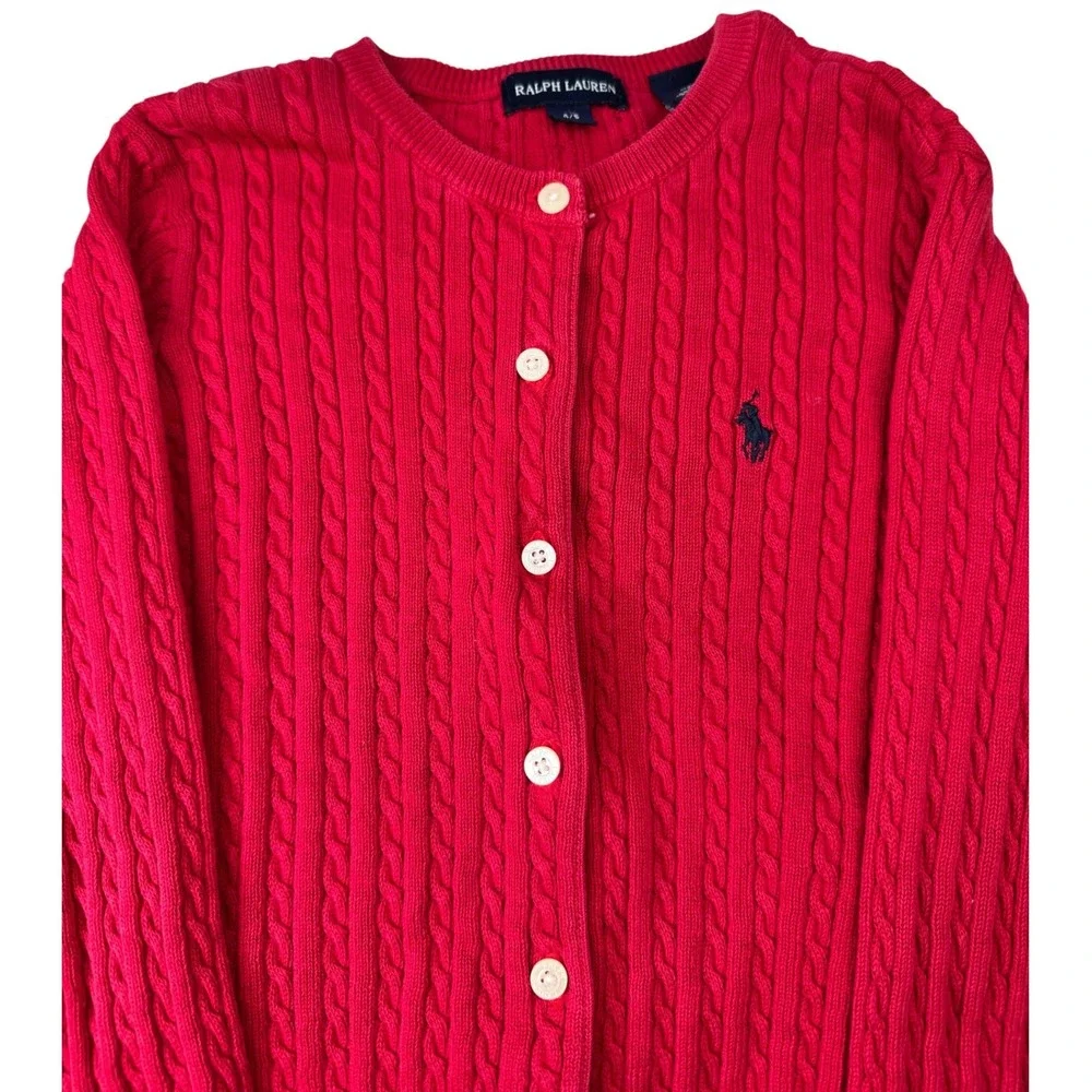 Ralph Lauren Cardigan Kids 4/5 Red Cable Knit Cotton Pony Sweater Preppy Classic